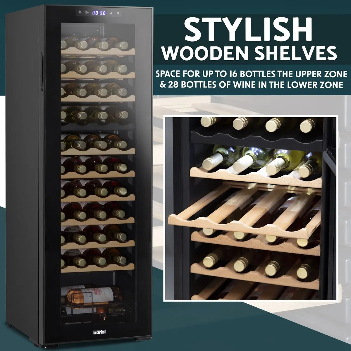 Baridi 44 Bottle Dual Zone Wine Cooler, Fridge with Digital Touchscreen Controls, Wooden Shelves & LED Light, Black  White Rose Tools
