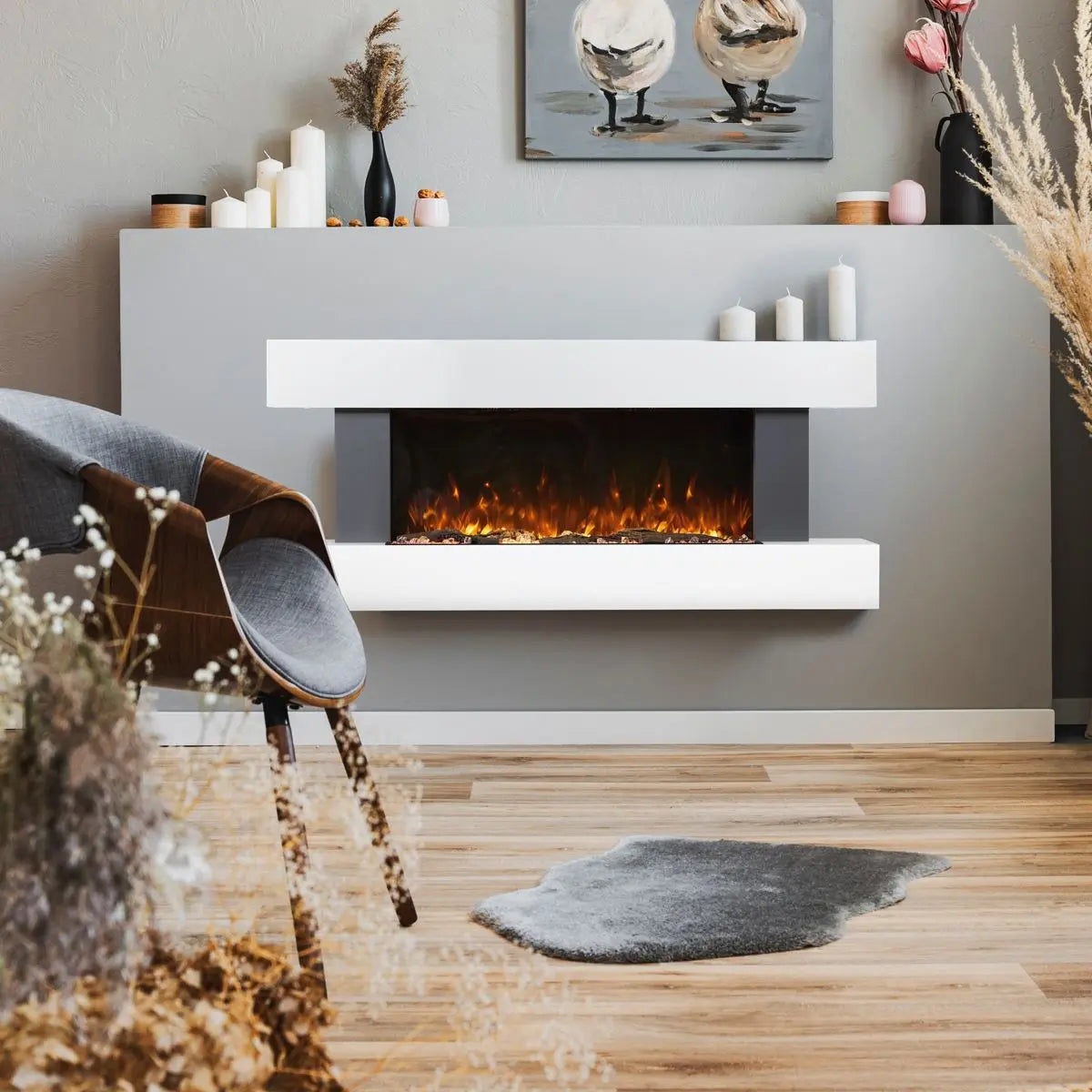 Baridi 46” Wall Mounting 1000W/2000W Electric Fireplace with LED Flame Effects, Side Glass Decoration and Pebble Accessories, Grey  White Rose Tools