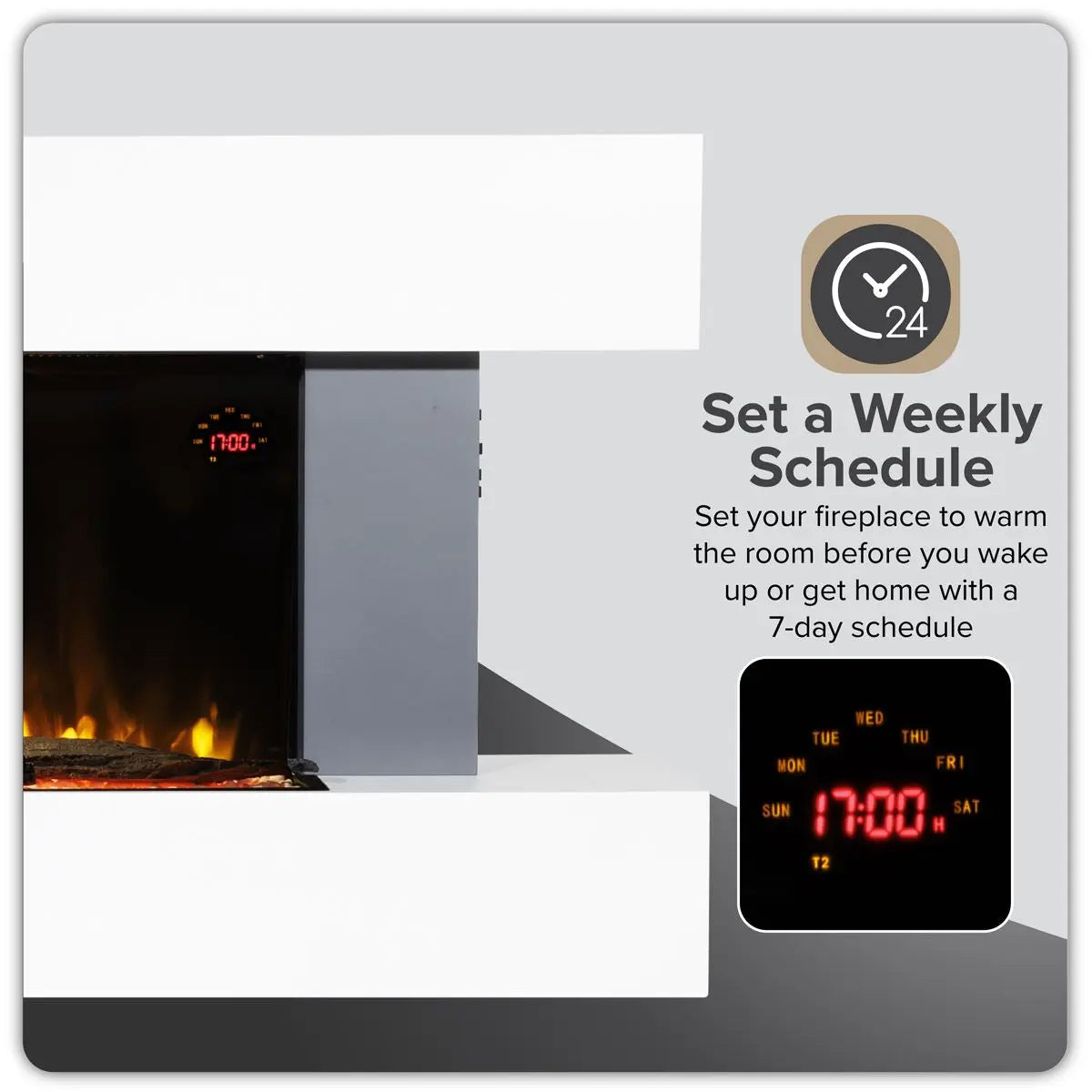 Baridi 46” Wall Mounting 1000W/2000W Electric Fireplace with LED Flame Effects, Side Glass Decoration and Pebble Accessories, Grey  White Rose Tools