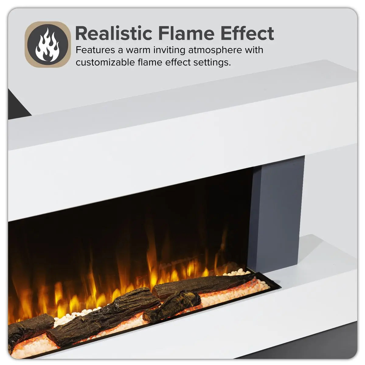 Baridi 46” Wall Mounting 1000W/2000W Electric Fireplace with LED Flame Effects, Side Glass Decoration and Pebble Accessories, Grey  White Rose Tools