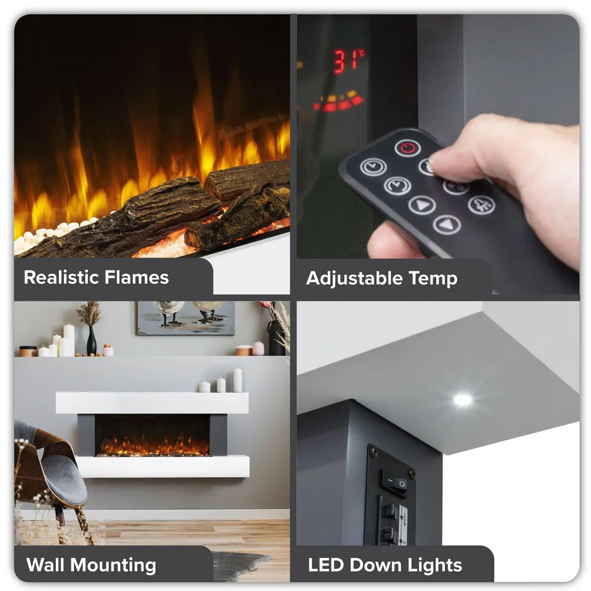 Baridi 46” Wall Mounting 1000W/2000W Electric Fireplace with LED Flame Effects, Side Glass Decoration and Pebble Accessories, Grey  White Rose Tools