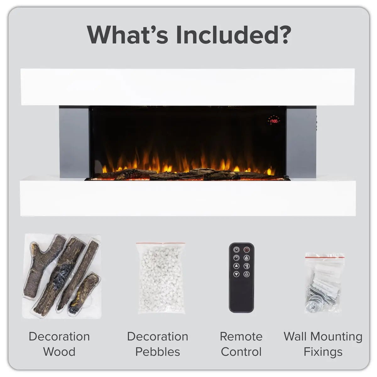 Baridi 46” Wall Mounting 1000W/2000W Electric Fireplace with LED Flame Effects, Side Glass Decoration and Pebble Accessories, Grey  White Rose Tools