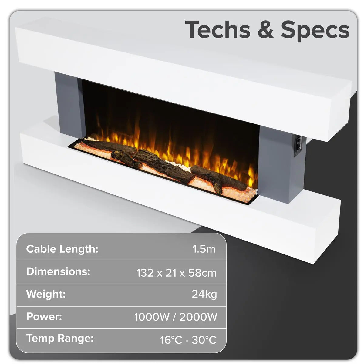 Baridi 46” Wall Mounting 1000W/2000W Electric Fireplace with LED Flame Effects, Side Glass Decoration and Pebble Accessories, Grey  White Rose Tools