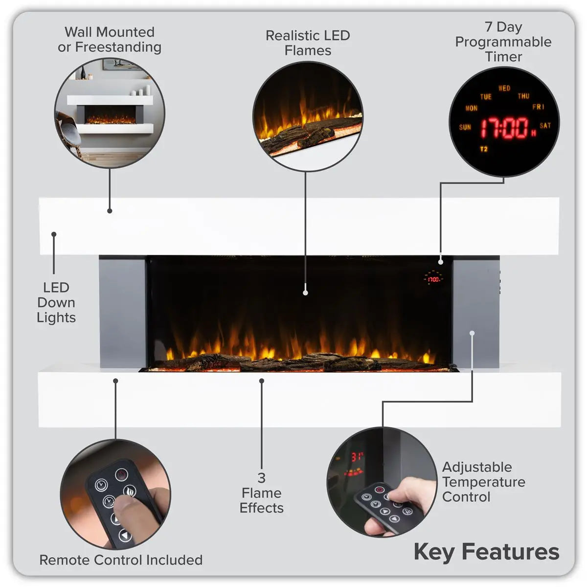 Baridi 46” Wall Mounting 1000W/2000W Electric Fireplace with LED Flame Effects, Side Glass Decoration and Pebble Accessories, Grey  White Rose Tools