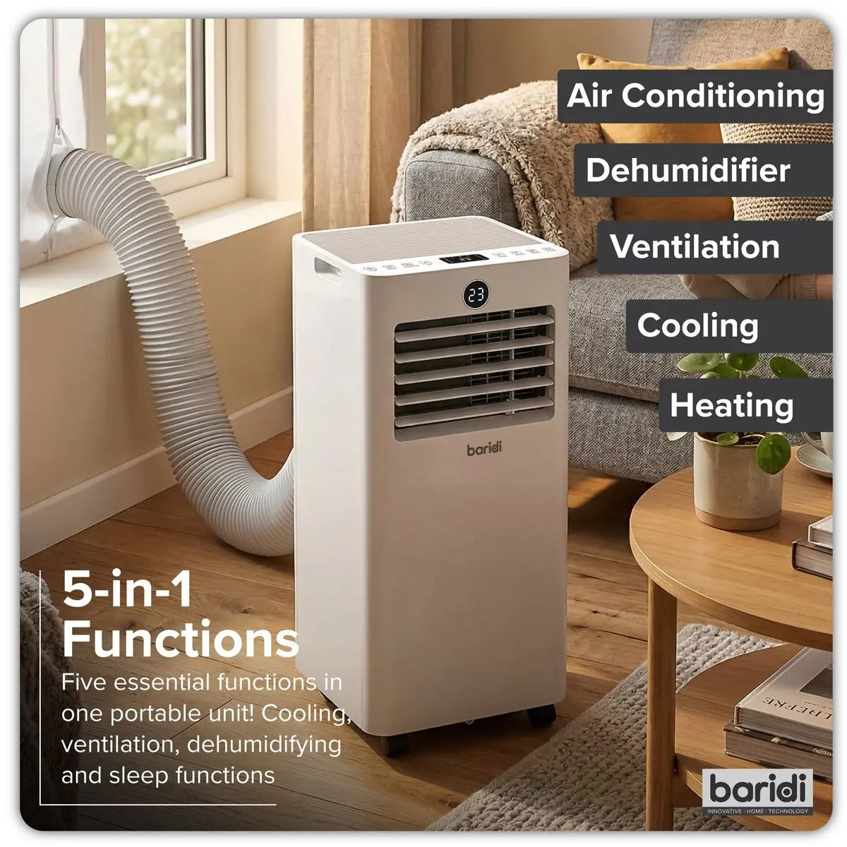 Baridi 5-in-1 Portable Air Conditioner/Dehumidifier/Air Cooler with Window Sealing Kit 7,000Btu/hr - White  White Rose Tools