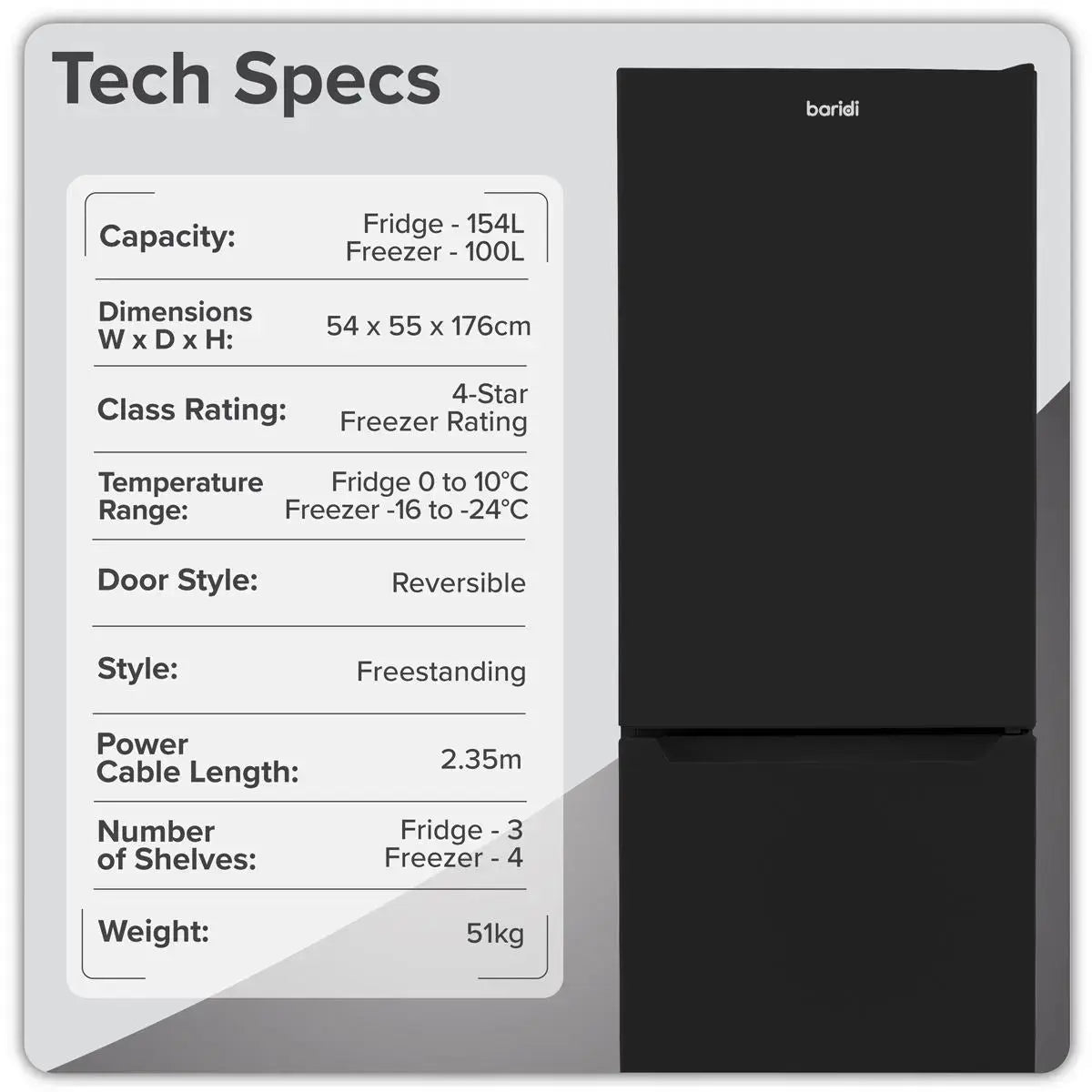 Baridi 50/50 Smart Frost Fridge Freezer 254L Capacity – Black  White Rose Tools