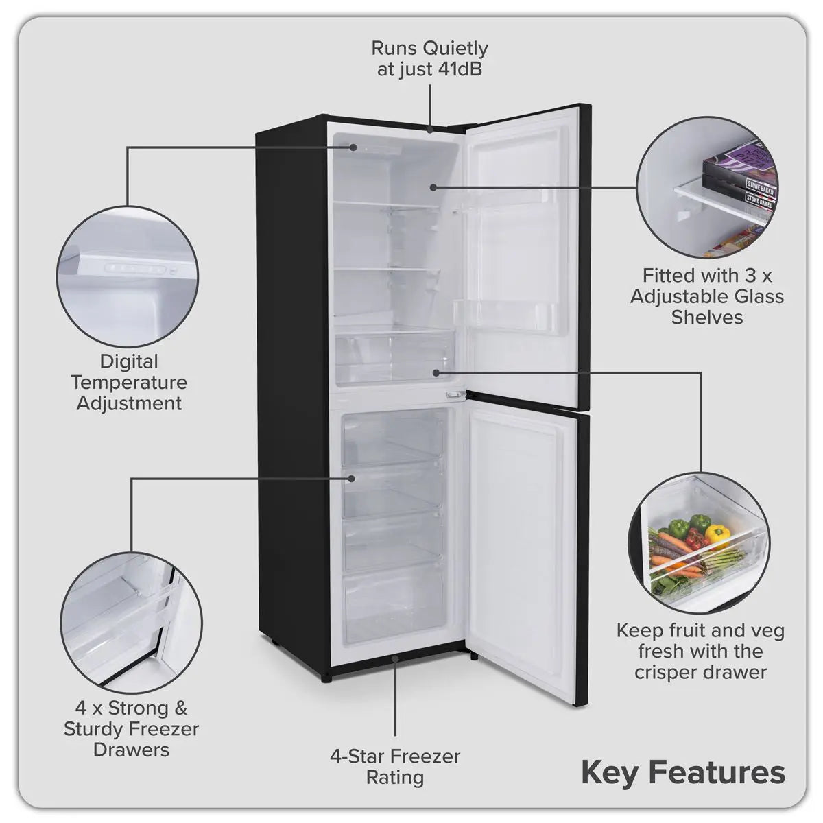 Baridi 50/50 Smart Frost Fridge Freezer 254L Capacity – Black  White Rose Tools