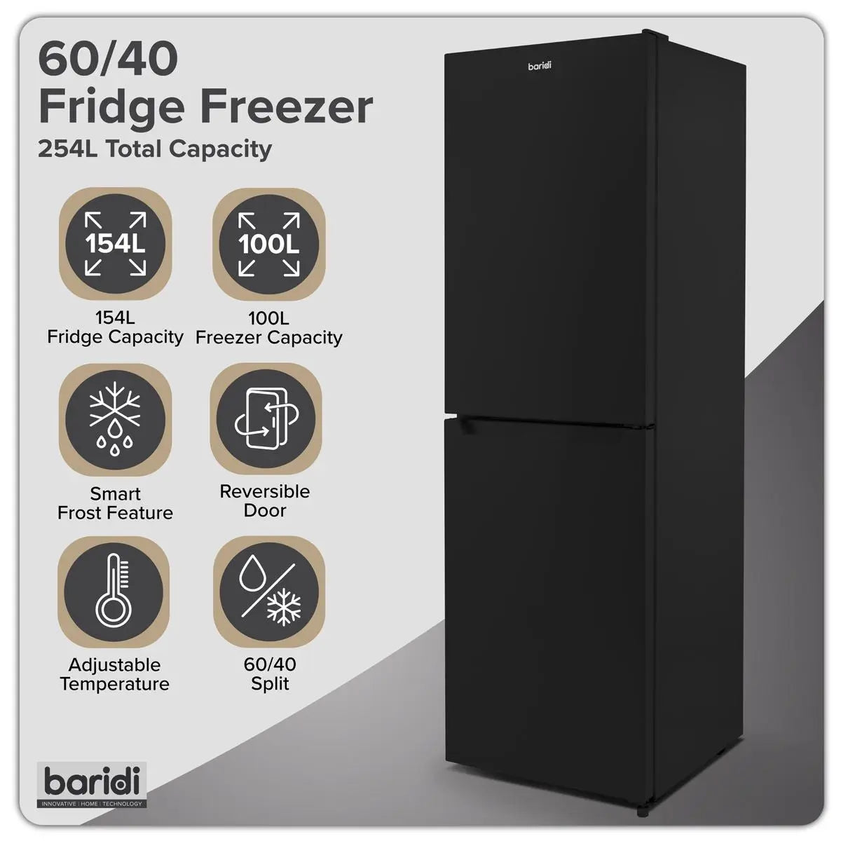 Baridi 50/50 Smart Frost Fridge Freezer 254L Capacity – Black  White Rose Tools
