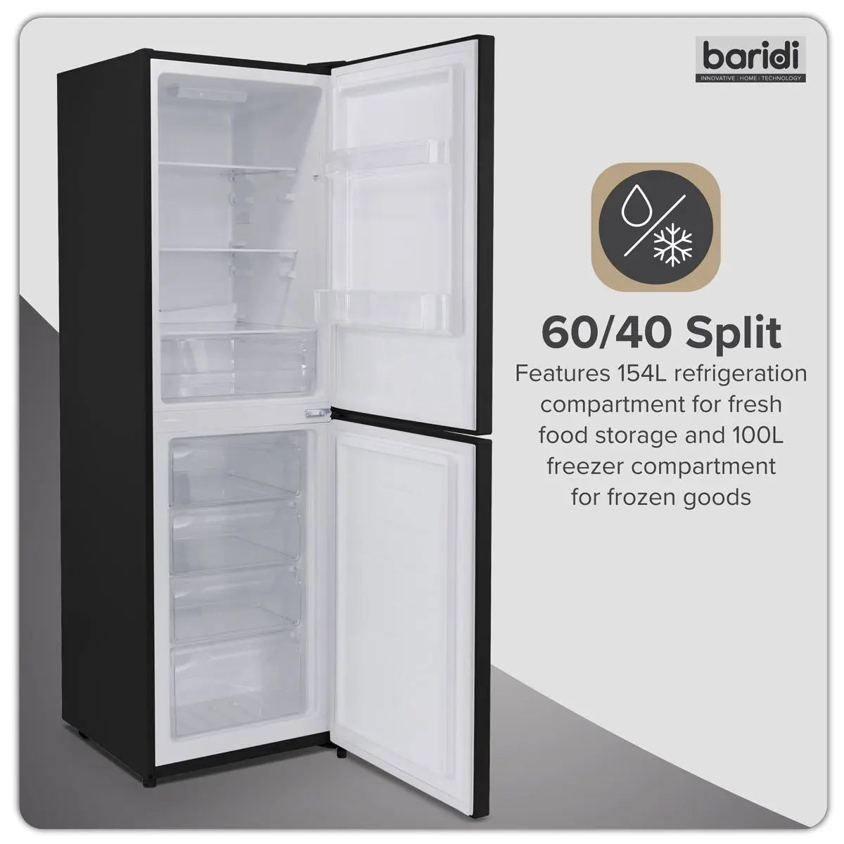 Baridi 50/50 Smart Frost Fridge Freezer 254L Capacity – Black  White Rose Tools