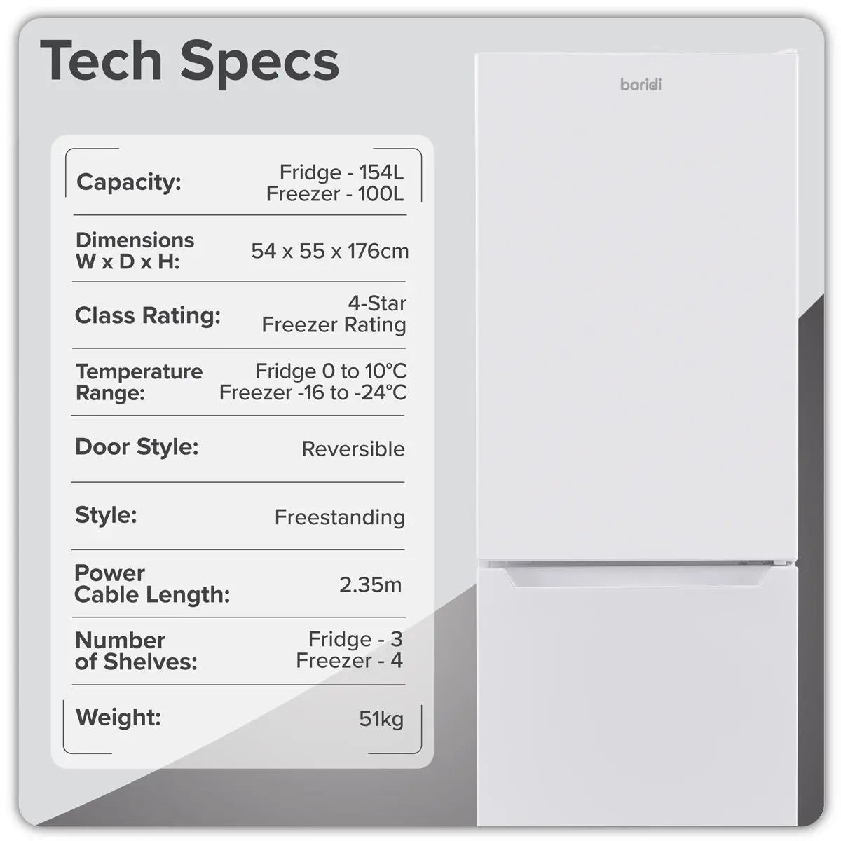 Baridi 50/50 Smart Frost Fridge Freezer 254L Capacity – White  White Rose Tools