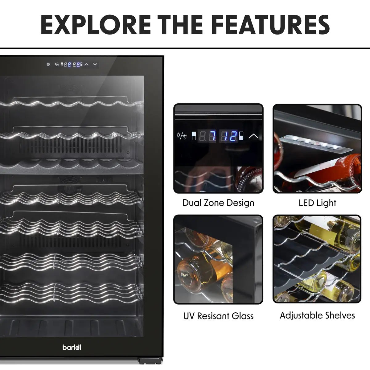 Baridi 52 Bottle Dual Zone Wine Cooler, Fridge, Touch Screen Controls, LED - Black  White Rose Tools