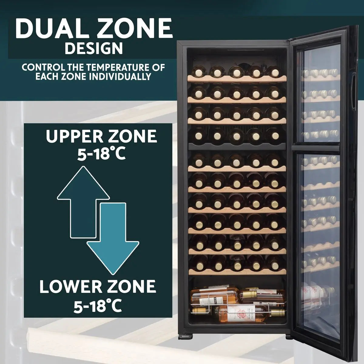 Baridi 55 Bottle Dual Zone Wine Cooler, Fridge with Digital Touchscreen Controls, Wooden Shelves & LED Light, Black  White Rose Tools