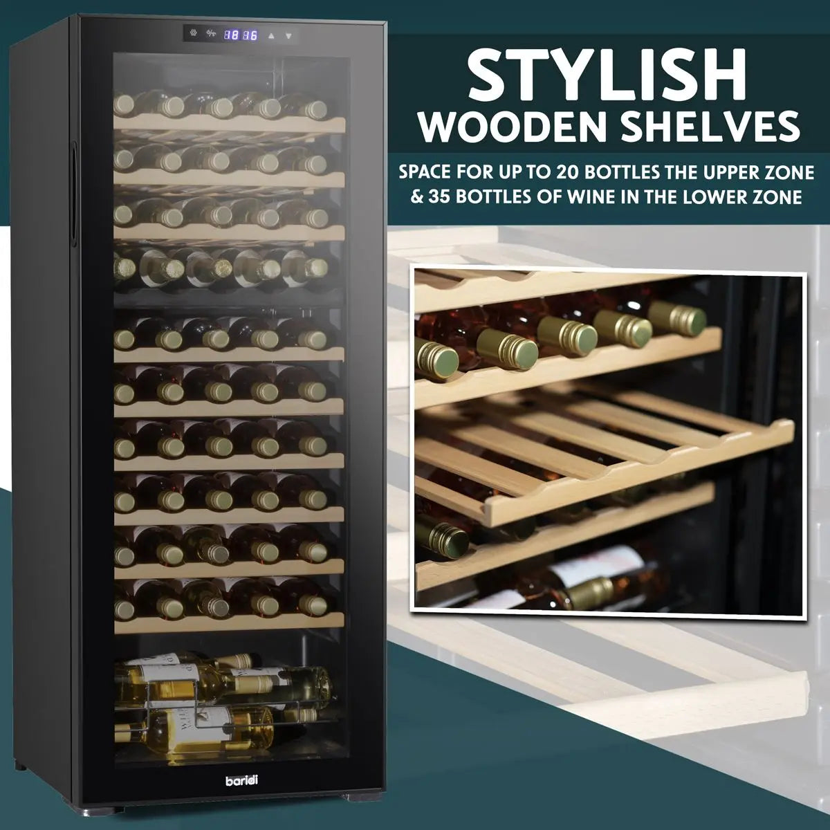 Baridi 55 Bottle Dual Zone Wine Cooler, Fridge with Digital Touchscreen Controls, Wooden Shelves & LED Light, Black  White Rose Tools