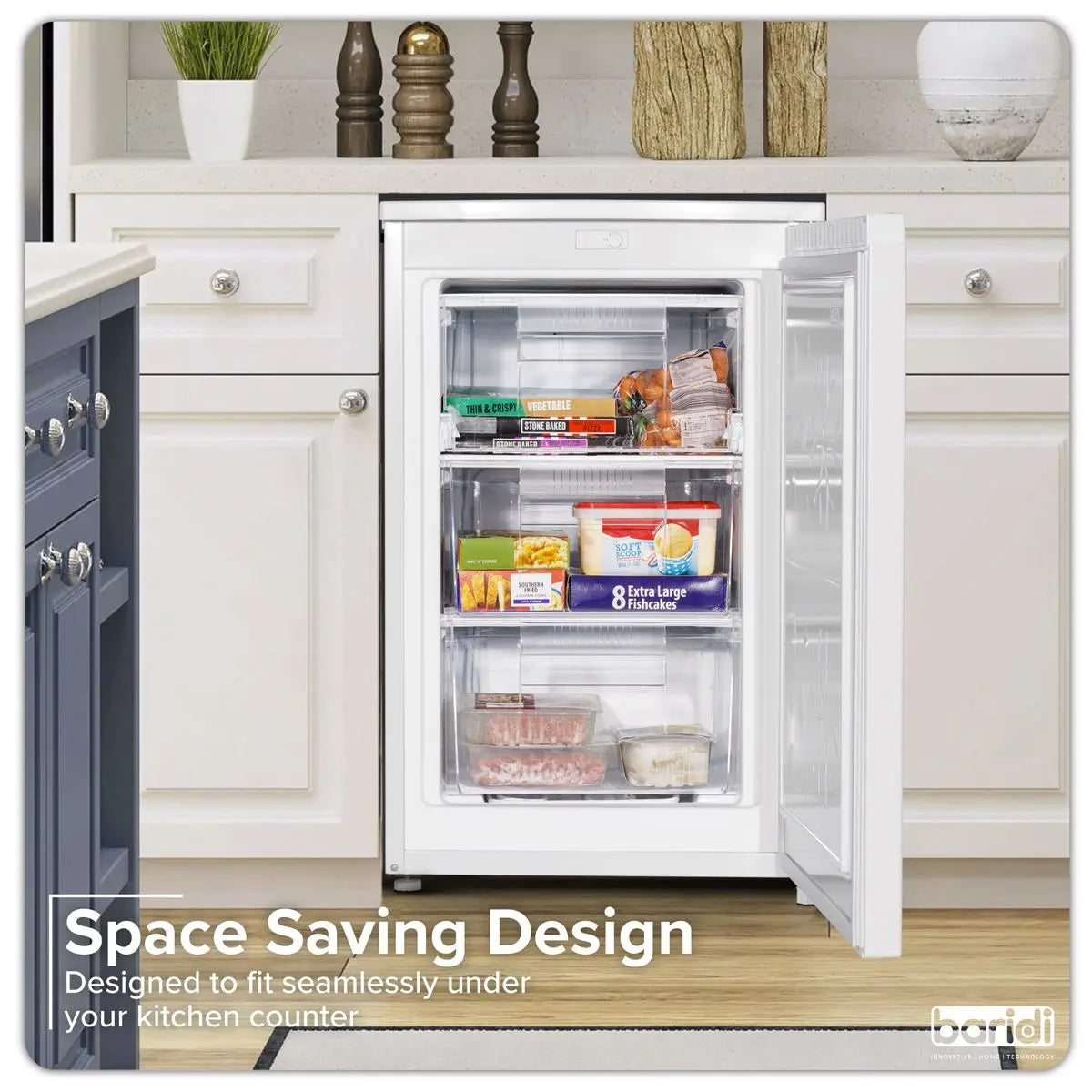 Baridi 55cm Undercounter Freezer with Adjustable Thermostat 85L - White  White Rose Tools