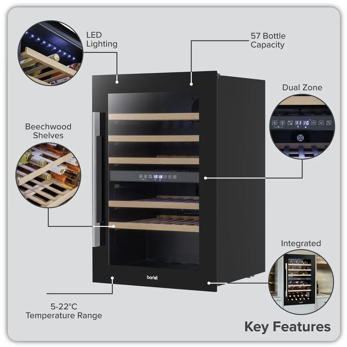 Baridi 57 Bottle Dual Zone Wine Fridge & Cooler 60cm  White Rose Tools