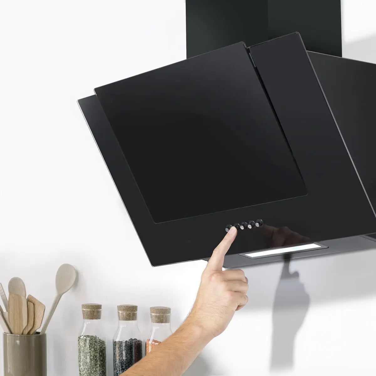 Baridi 60cm Angled Chimney Cooker Hood with Carbon Filters, LED Lamp, Energy Class B, Black Glass  White Rose Tools