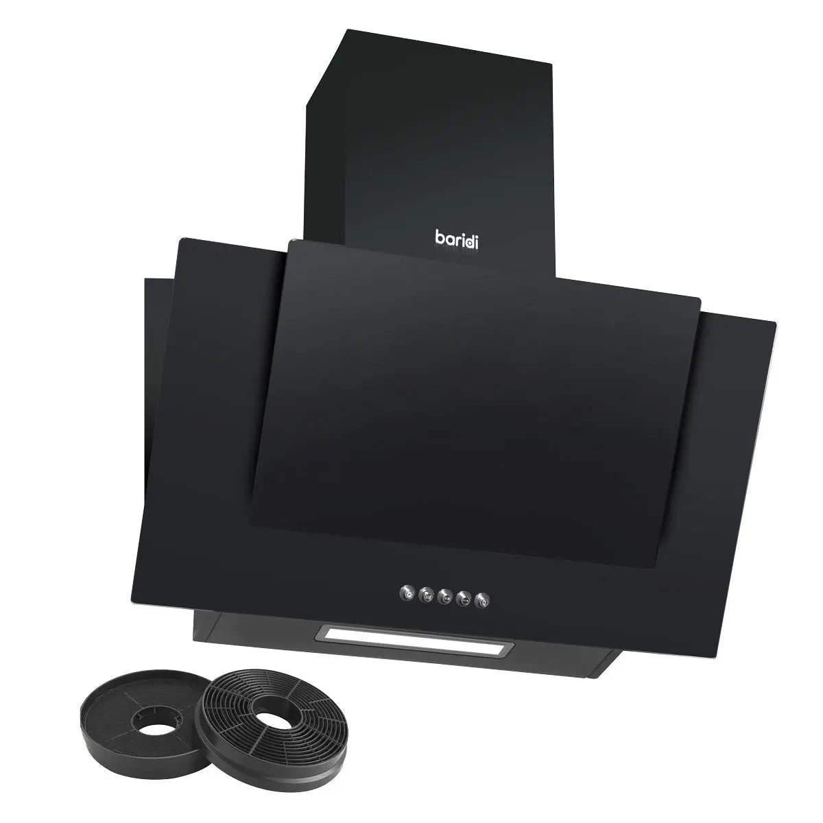 Baridi 60cm Angled Chimney Cooker Hood with Carbon Filters, LED Lamp, Energy Class B, Black Glass  White Rose Tools
