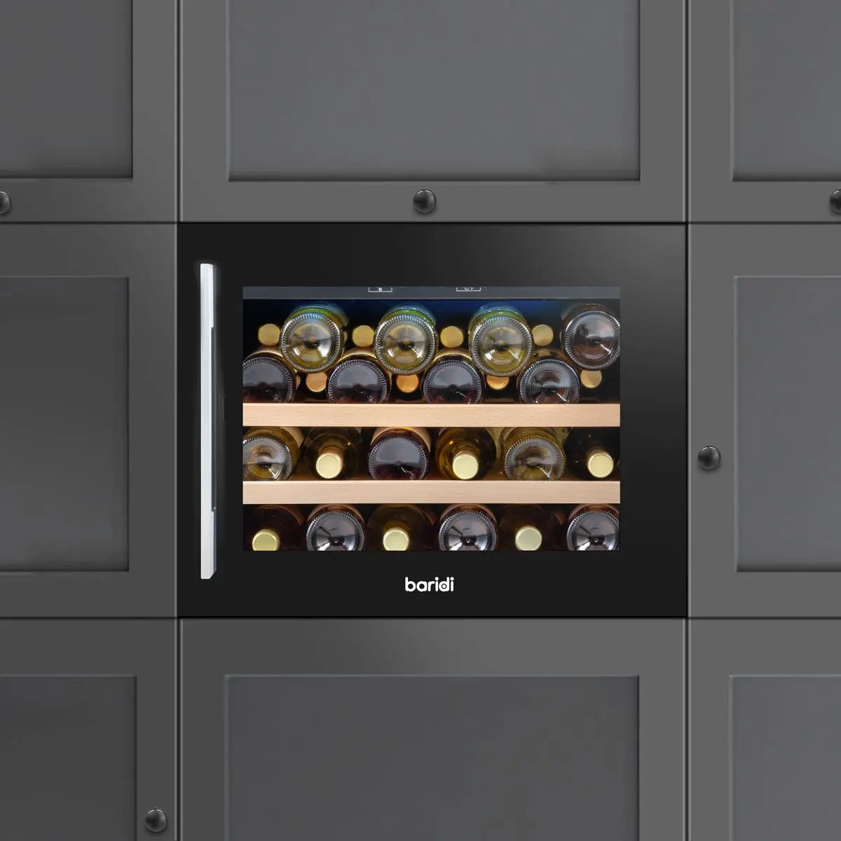 Baridi 60cm Built-In 28 Bottle Wine Cooler with Beech Wood Shelves and Internal LED Light, Black  White Rose Tools