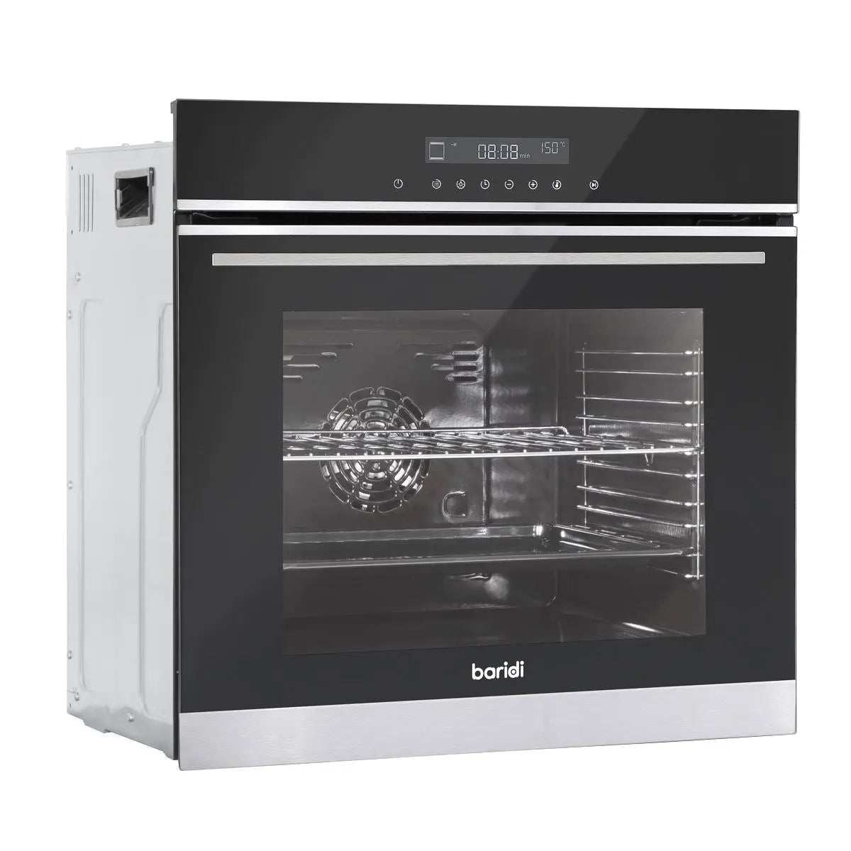 Baridi 60cm Built-In Fan Assisted, Single, Integrated 10 Function Electric Oven, Touchscreen Controls, 72L Capacity, Black/Stainless Steel  White Rose Tools