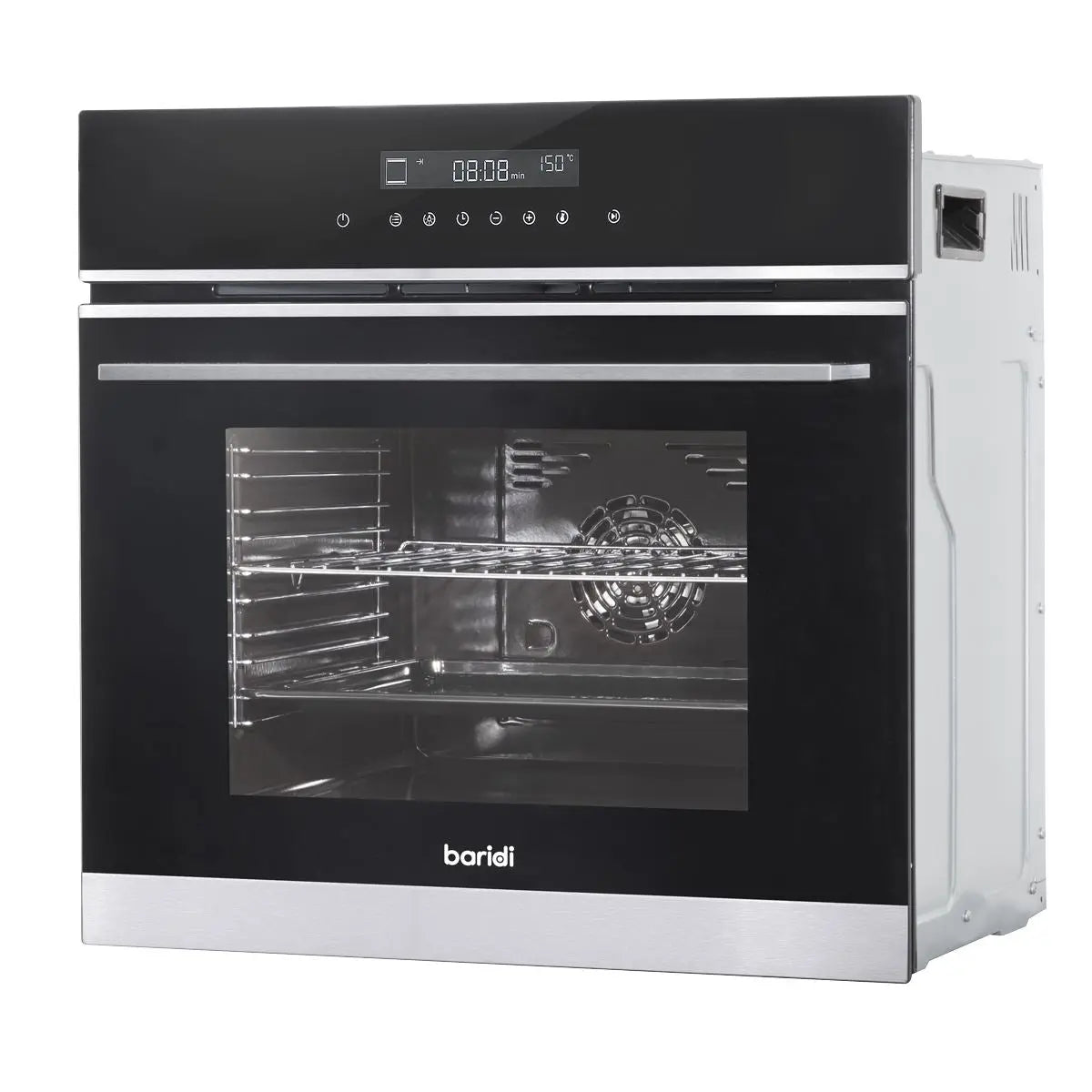 Baridi 60cm Built-In Fan Assisted, Single, Integrated 10 Function Electric Oven, Touchscreen Controls, 72L Capacity, Black/Stainless Steel  White Rose Tools