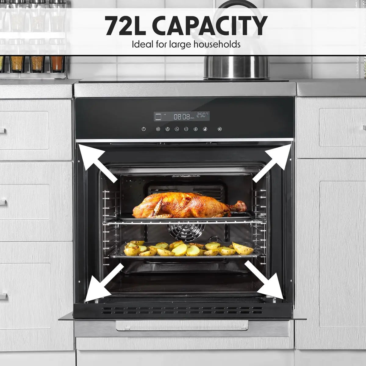 Baridi 60cm Built-In Fan Assisted, Single, Integrated 10 Function Electric Oven, Touchscreen Controls, 72L Capacity, Black/Stainless Steel  White Rose Tools