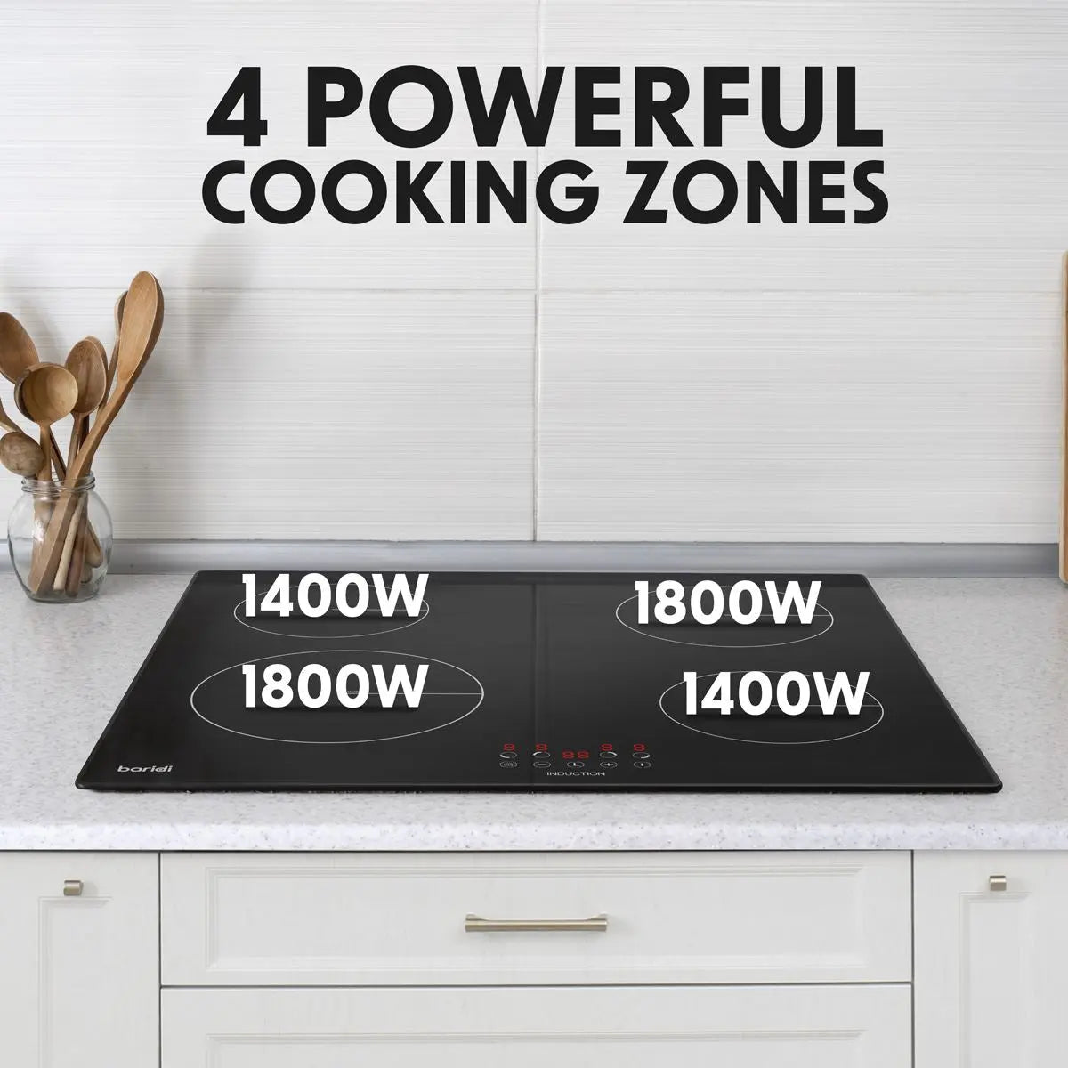 Baridi 60cm Built-In Induction Hob with 4 Cooking Zones, Black Glass, 6800W with 9 Power Settings, Touch Controls & Timer, Hardwired  White Rose Tools