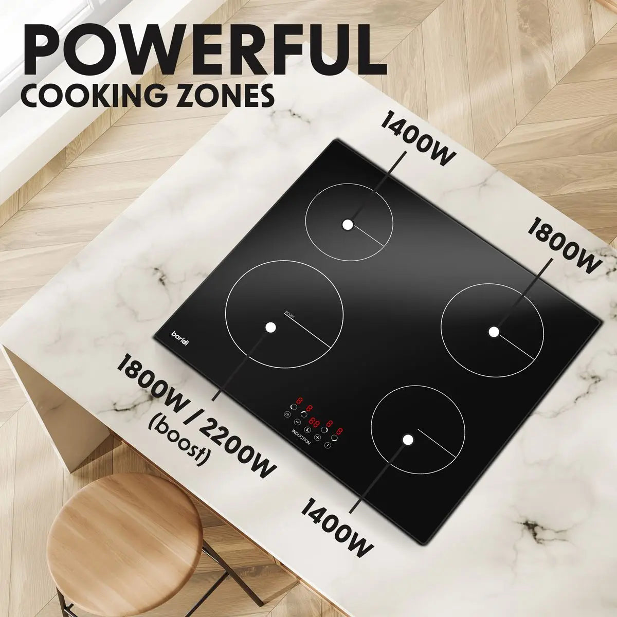 Baridi 60cm Built-In Induction Hob with 4 Cooking Zones, Black Glass, 6800W with 9 Power Settings, Touch Controls & Timer, Hardwired  White Rose Tools