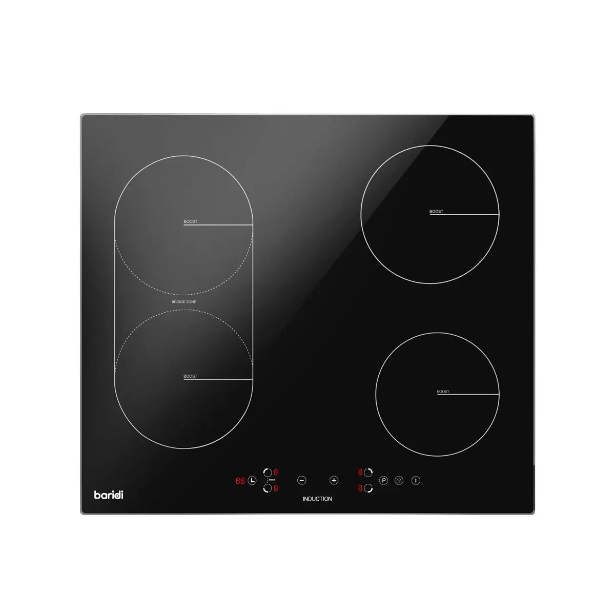 Baridi 60cm Built-In Induction Hob with Bridge Zone, 4 Cooking Zones, 2800W, Boost Function, 9 Power Levels, Touch Control & Timer  White Rose Tools