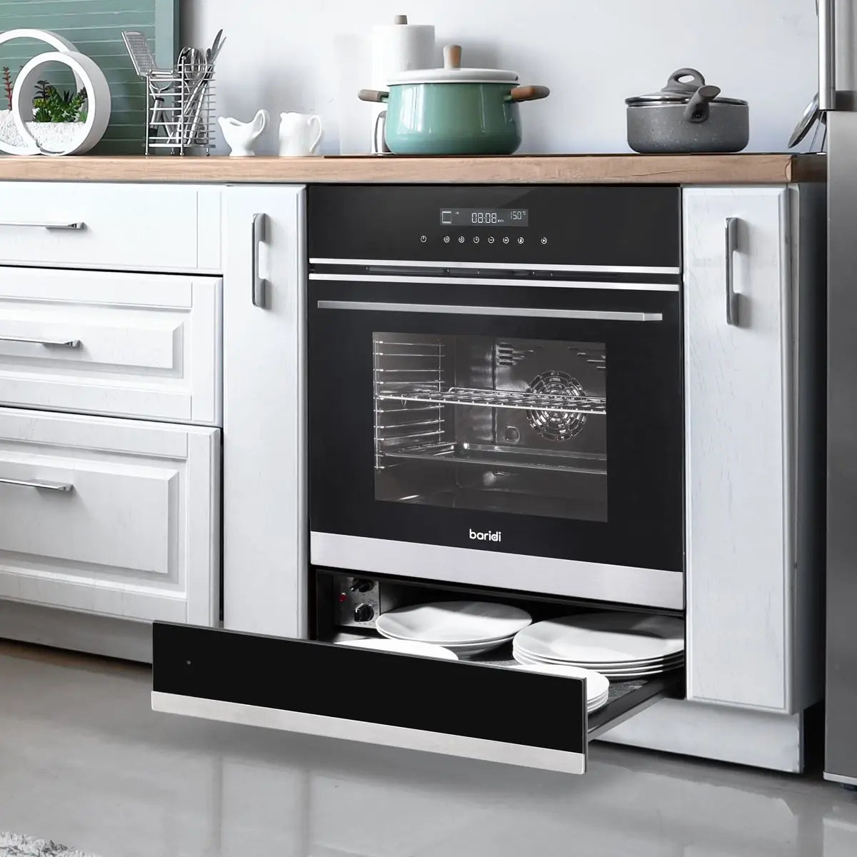 Baridi 60cm Built-In Warming Drawer, Push-to-Open, Anti-Slip Mat, Black/Stainless Steel  White Rose Tools