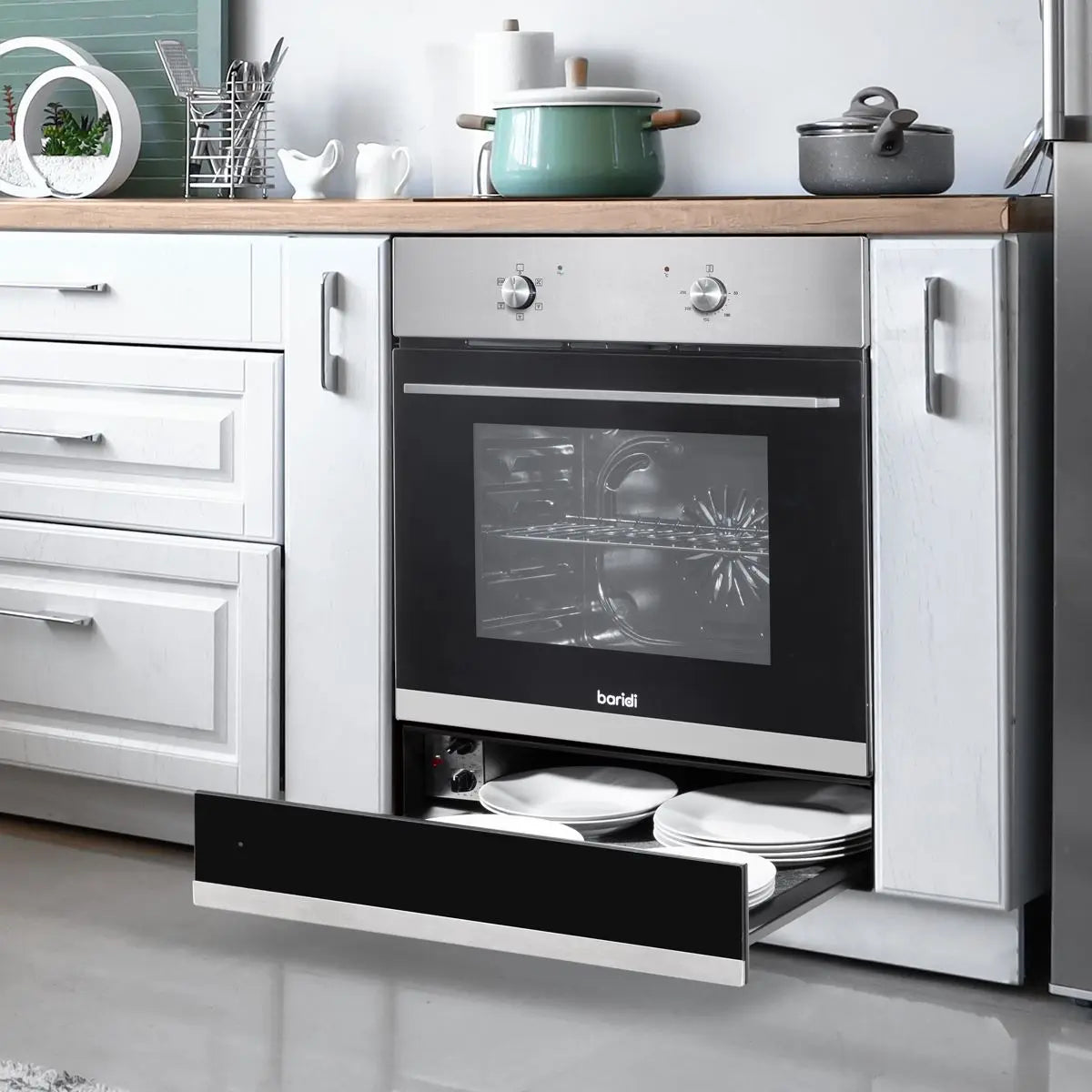Baridi 60cm Built-In Warming Drawer, Push-to-Open, Anti-Slip Mat, Black/Stainless Steel  White Rose Tools