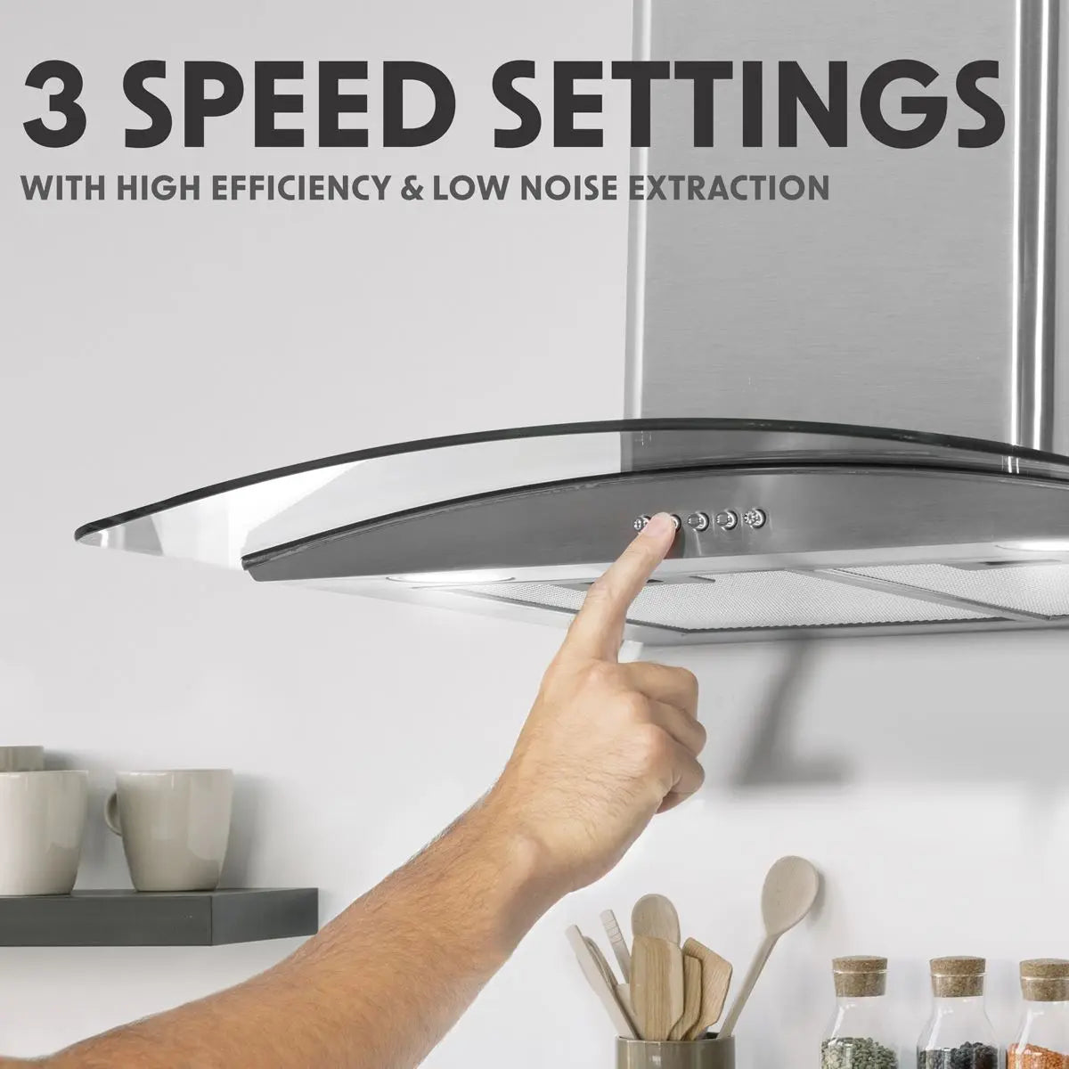 Baridi 60cm Curved Glass Cooker Hood with Carbon Filters, LED Lights, Stainless Steel  White Rose Tools