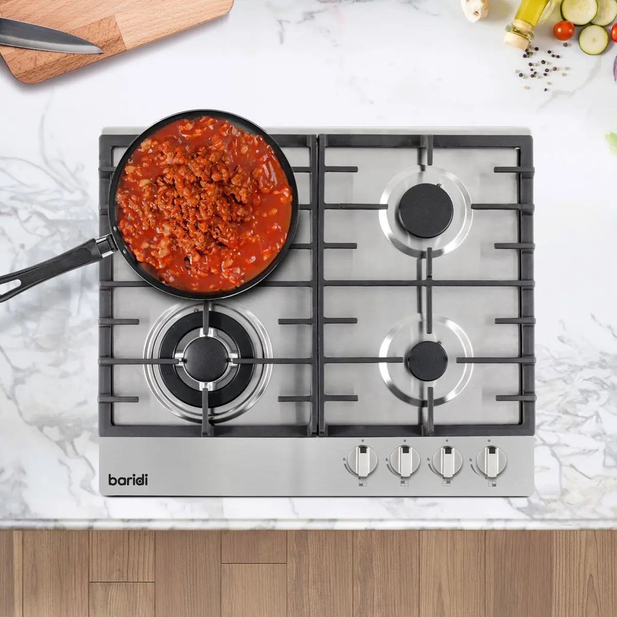 Baridi 60cm Gas Hob, 4 Burner and Cast Iron Pan Supports, Stainless Steel  White Rose Tools