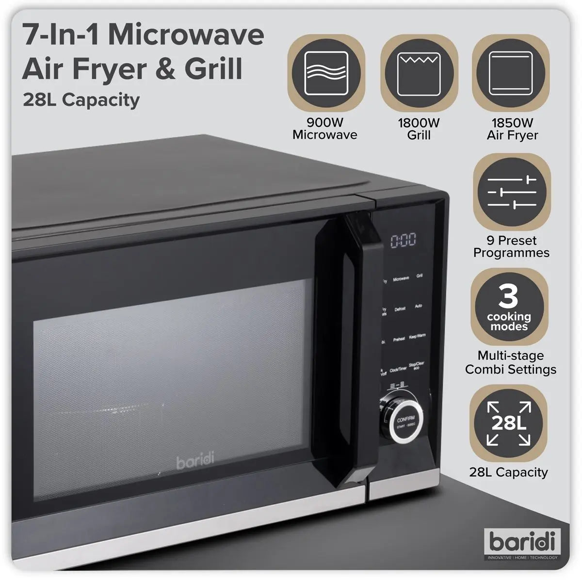Baridi 7-in-1 Air Fryer Microwave & Grill, 28L Capacity - Black  White Rose Tools