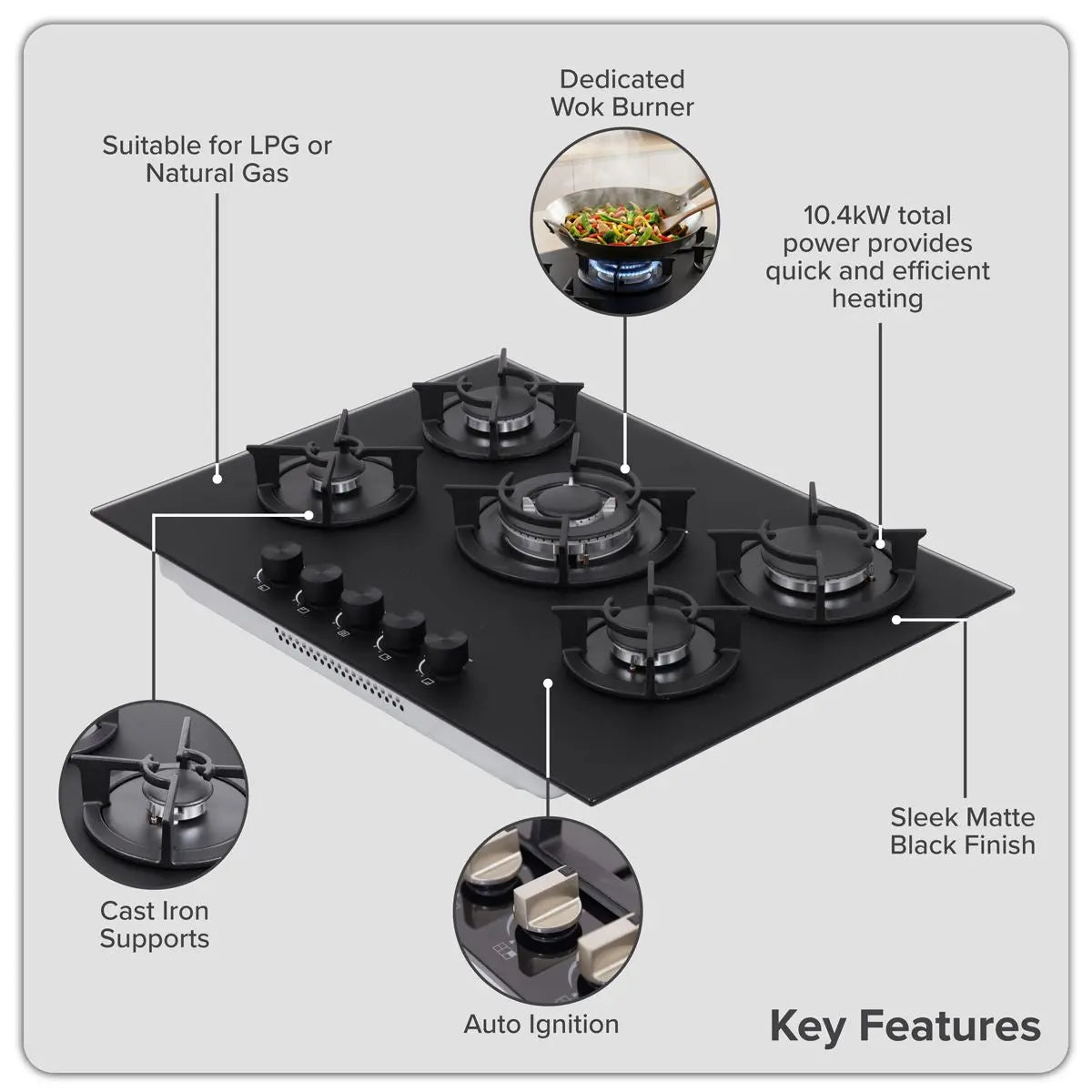 Baridi 70cm Gas Hob Matt Black Glass with 5 Burners, Cast Iron Supports & Auto Ignition 10.4kW  White Rose Tools
