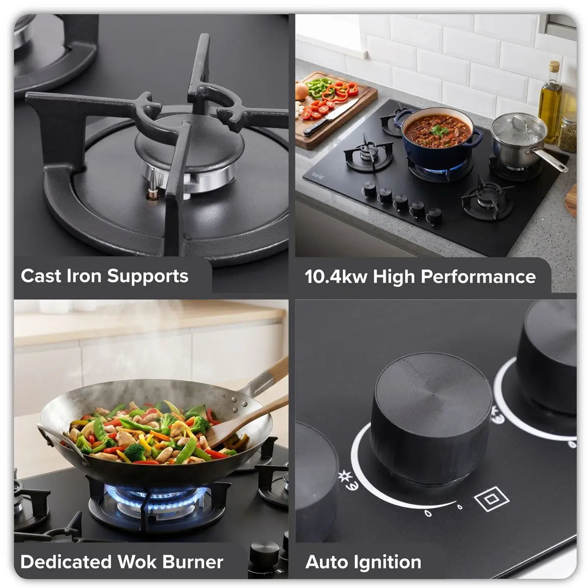 Baridi 70cm Gas Hob Matt Black Glass with 5 Burners, Cast Iron Supports & Auto Ignition 10.4kW  White Rose Tools