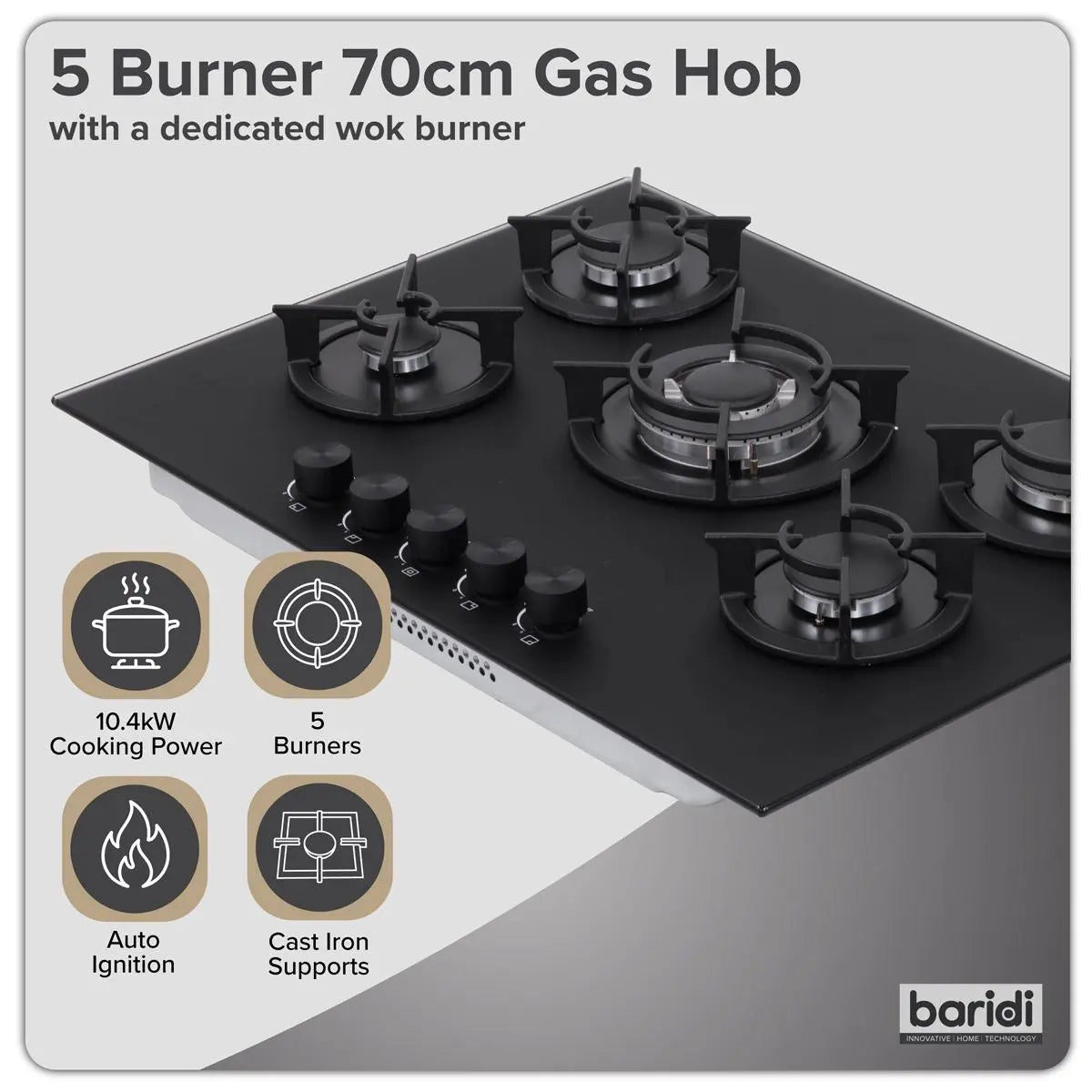 Baridi 70cm Gas Hob Matt Black Glass with 5 Burners, Cast Iron Supports & Auto Ignition 10.4kW  White Rose Tools