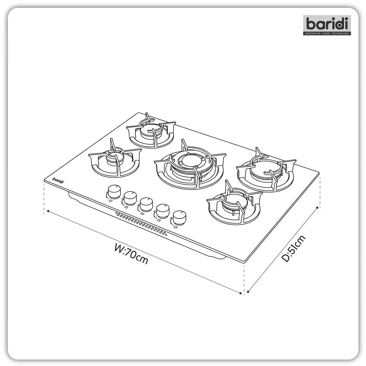 Baridi 70cm Gas Hob Matt Black Glass with 5 Burners, Cast Iron Supports & Auto Ignition 10.4kW  White Rose Tools