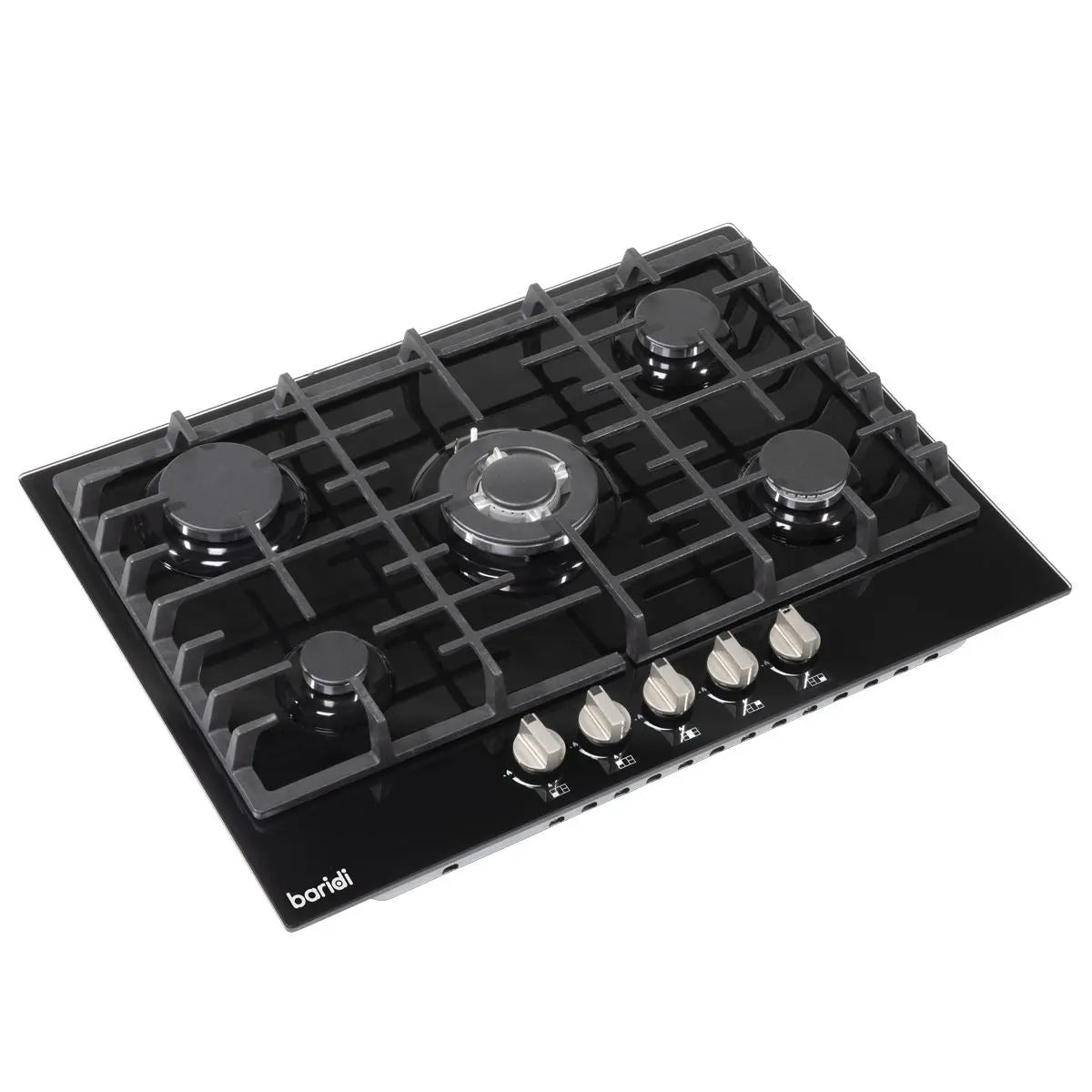 Baridi 70cm Gas on Glass Hob, 5 Burner and Cast Iron Pan Supports, Black Glass  White Rose Tools