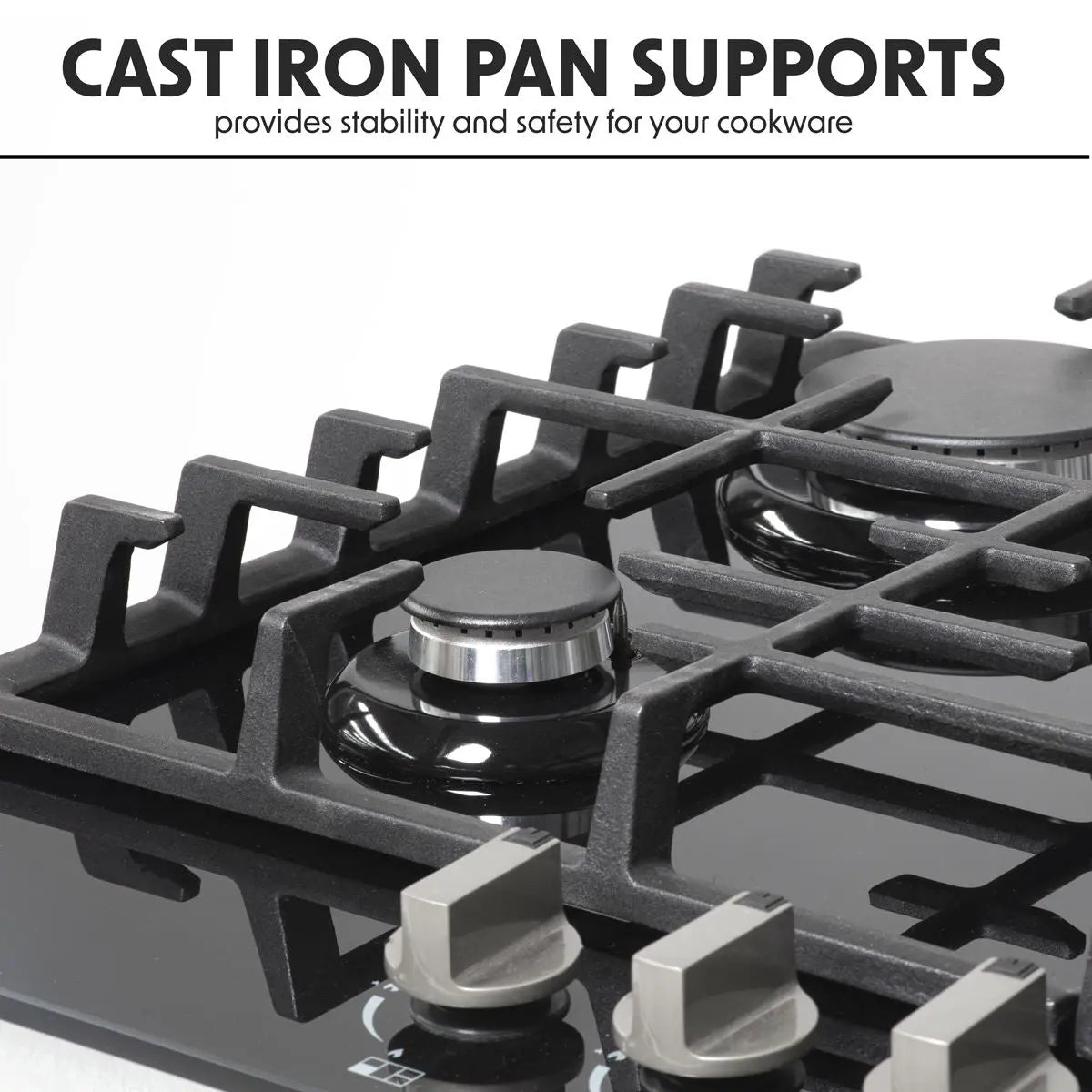Baridi 70cm Gas on Glass Hob, 5 Burner and Cast Iron Pan Supports, Black Glass  White Rose Tools