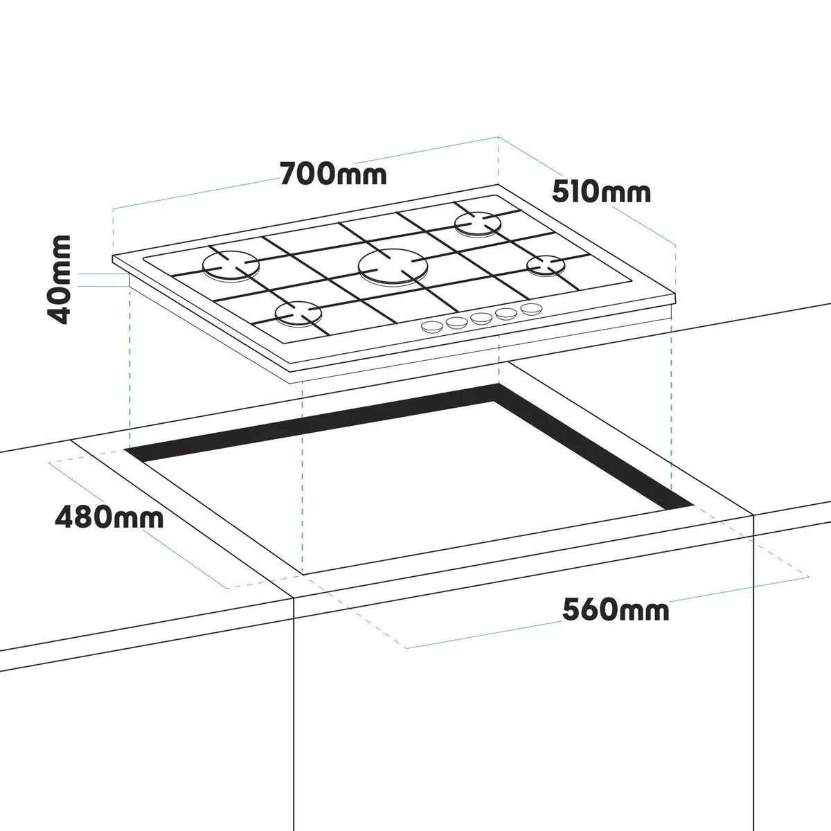 Baridi 70cm Gas on Glass Hob, 5 Burner and Cast Iron Pan Supports, Black Glass  White Rose Tools