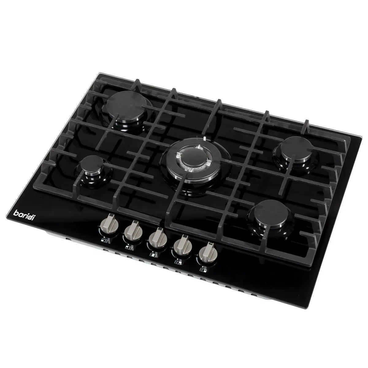 Baridi 70cm Gas on Glass Hob, 5 Burner and Cast Iron Pan Supports, Black Glass  White Rose Tools