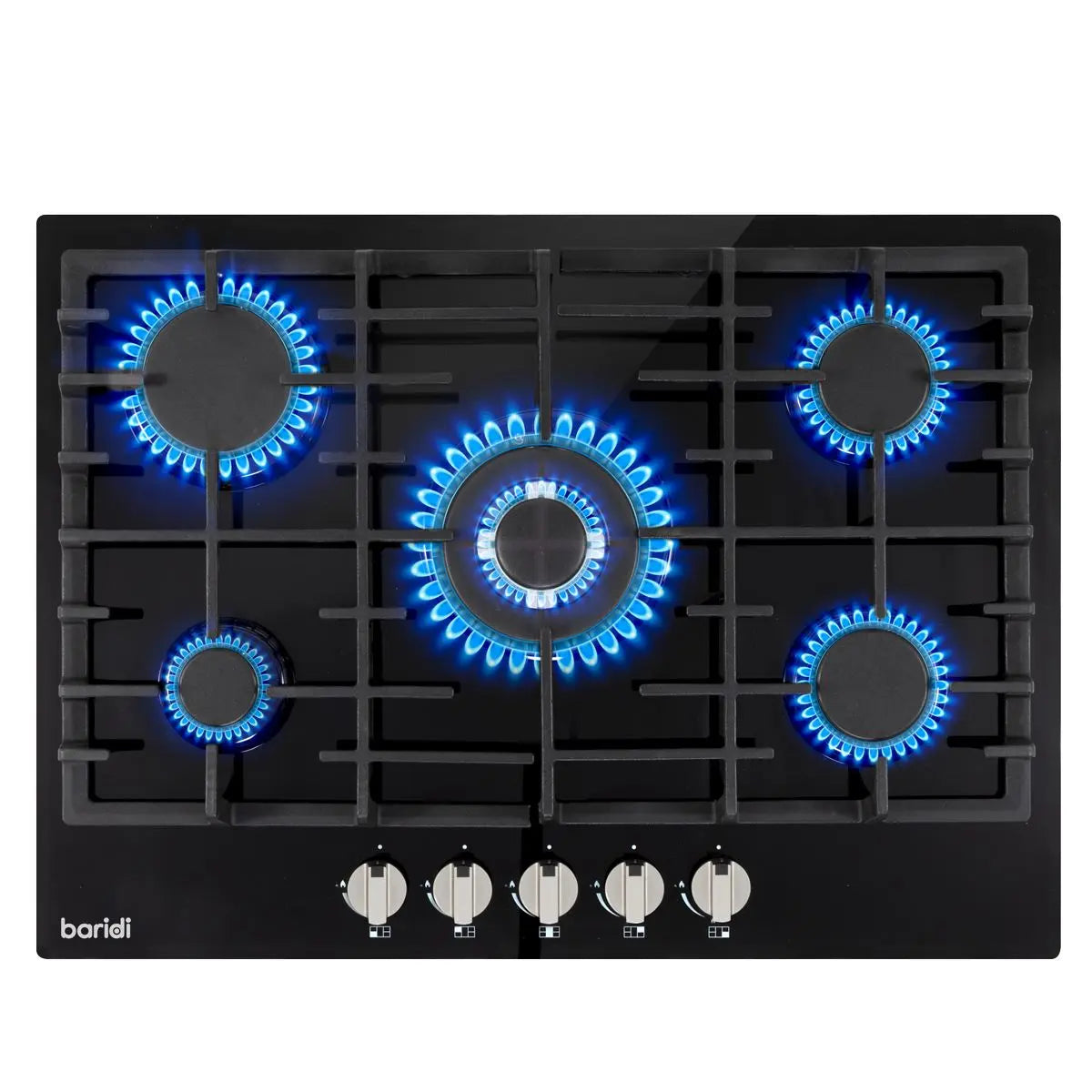Baridi 70cm Gas on Glass Hob, 5 Burner and Cast Iron Pan Supports, Black Glass  White Rose Tools