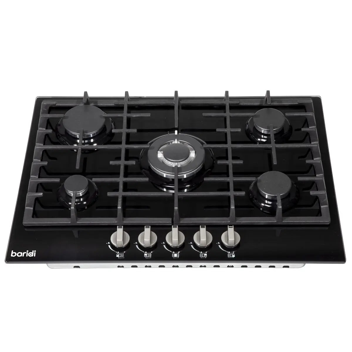 Baridi 70cm Gas on Glass Hob, 5 Burner and Cast Iron Pan Supports, Black Glass  White Rose Tools
