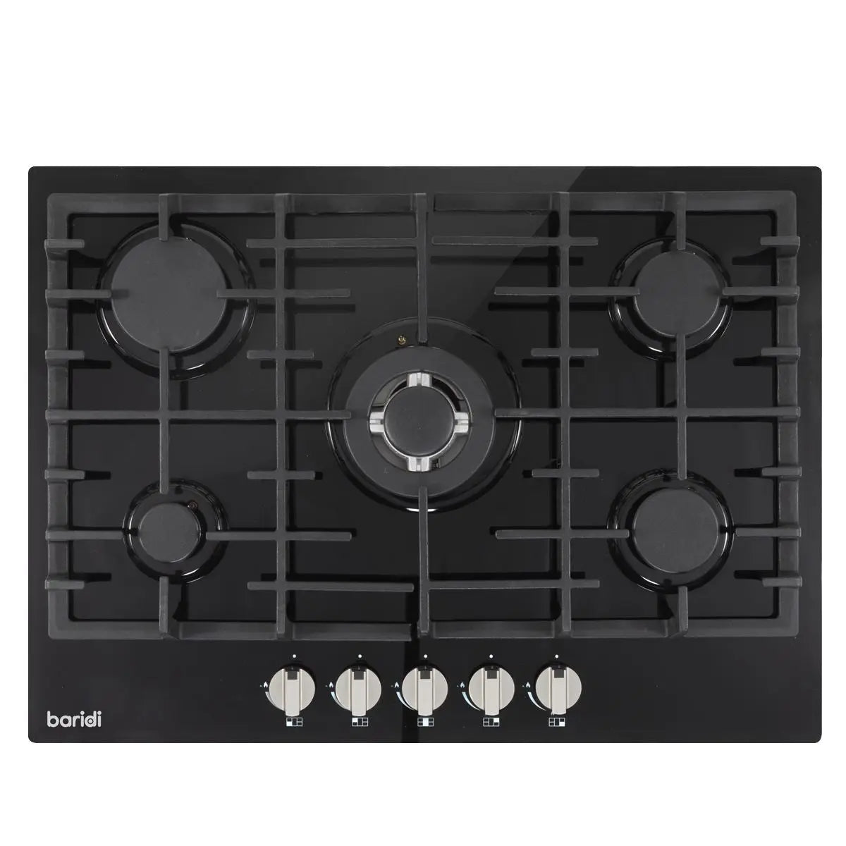 Baridi 70cm Gas on Glass Hob, 5 Burner and Cast Iron Pan Supports, Black Glass  White Rose Tools