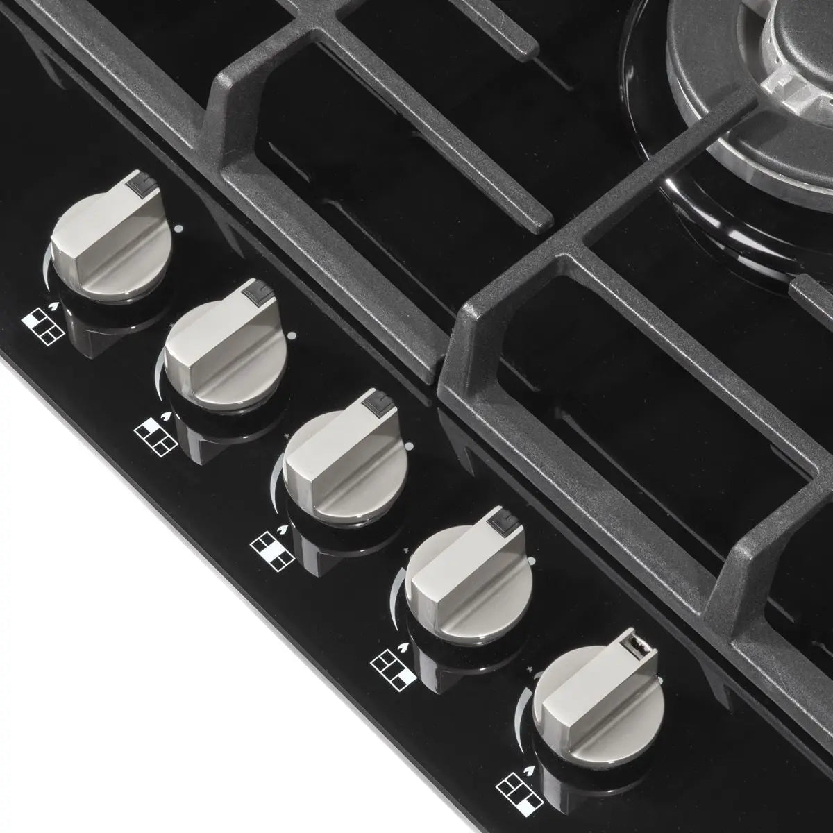 Baridi 70cm Gas on Glass Hob, 5 Burner and Cast Iron Pan Supports, Black Glass  White Rose Tools