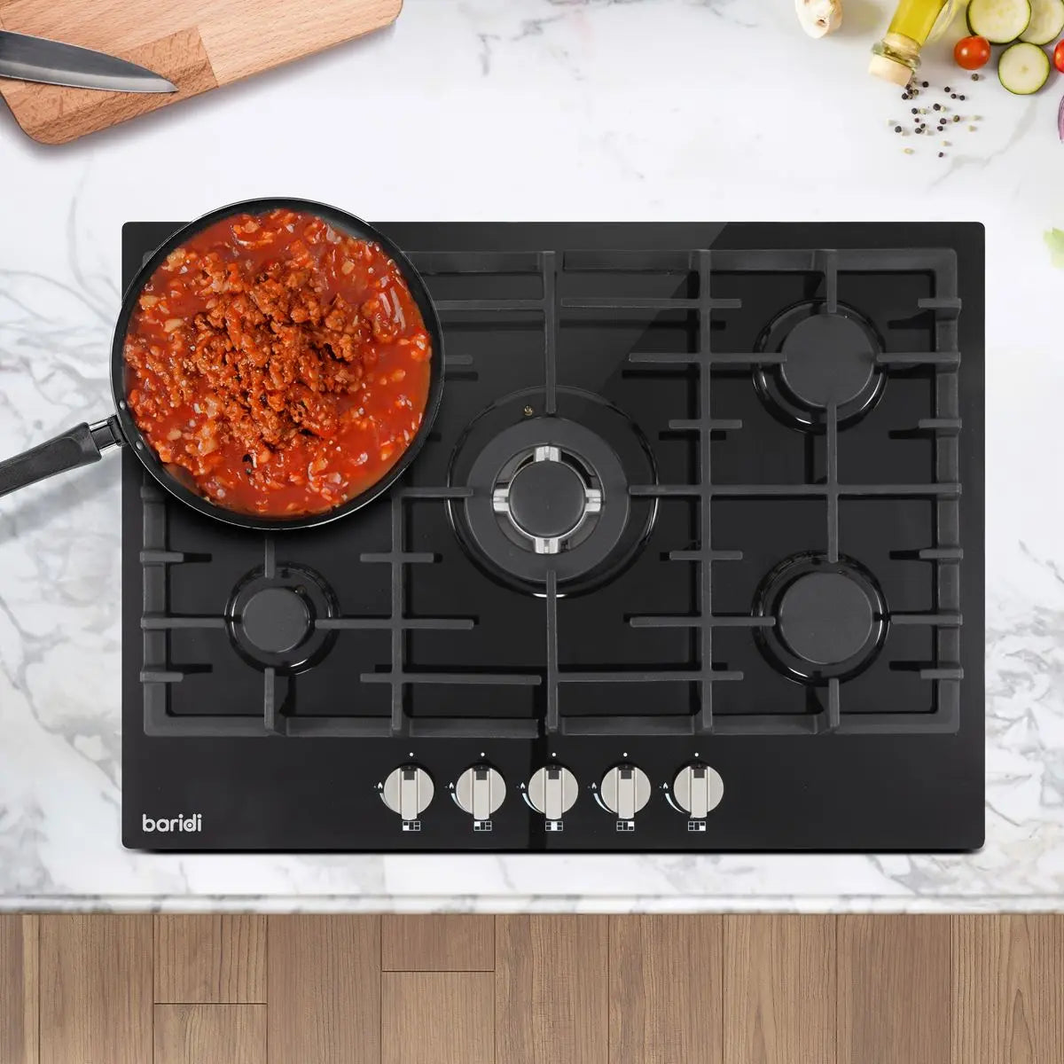 Baridi 70cm Gas on Glass Hob, 5 Burner and Cast Iron Pan Supports, Black Glass  White Rose Tools