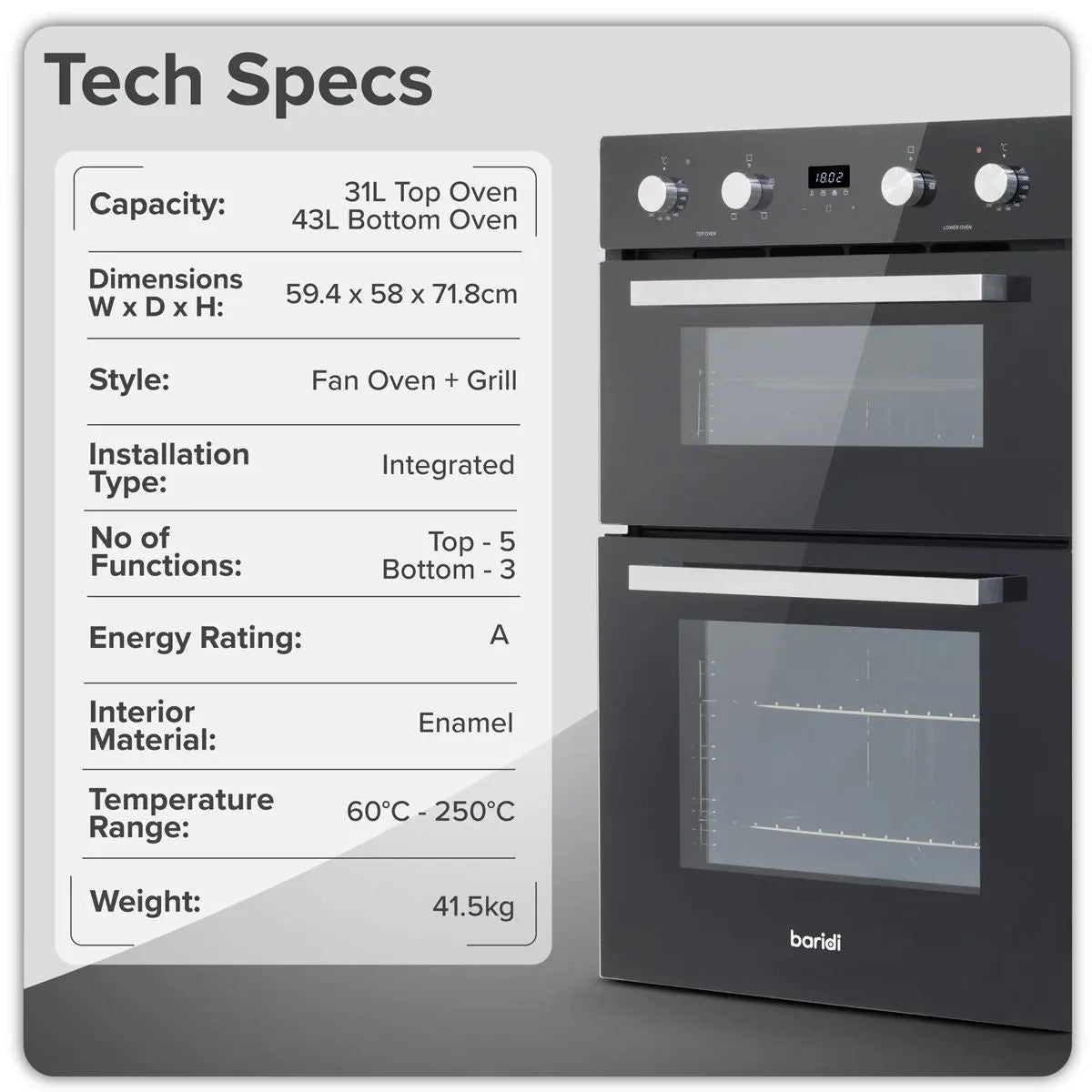 Baridi 72cm Built-Under Double Oven, 74L Capacity, Energy Rating A - Black  White Rose Tools