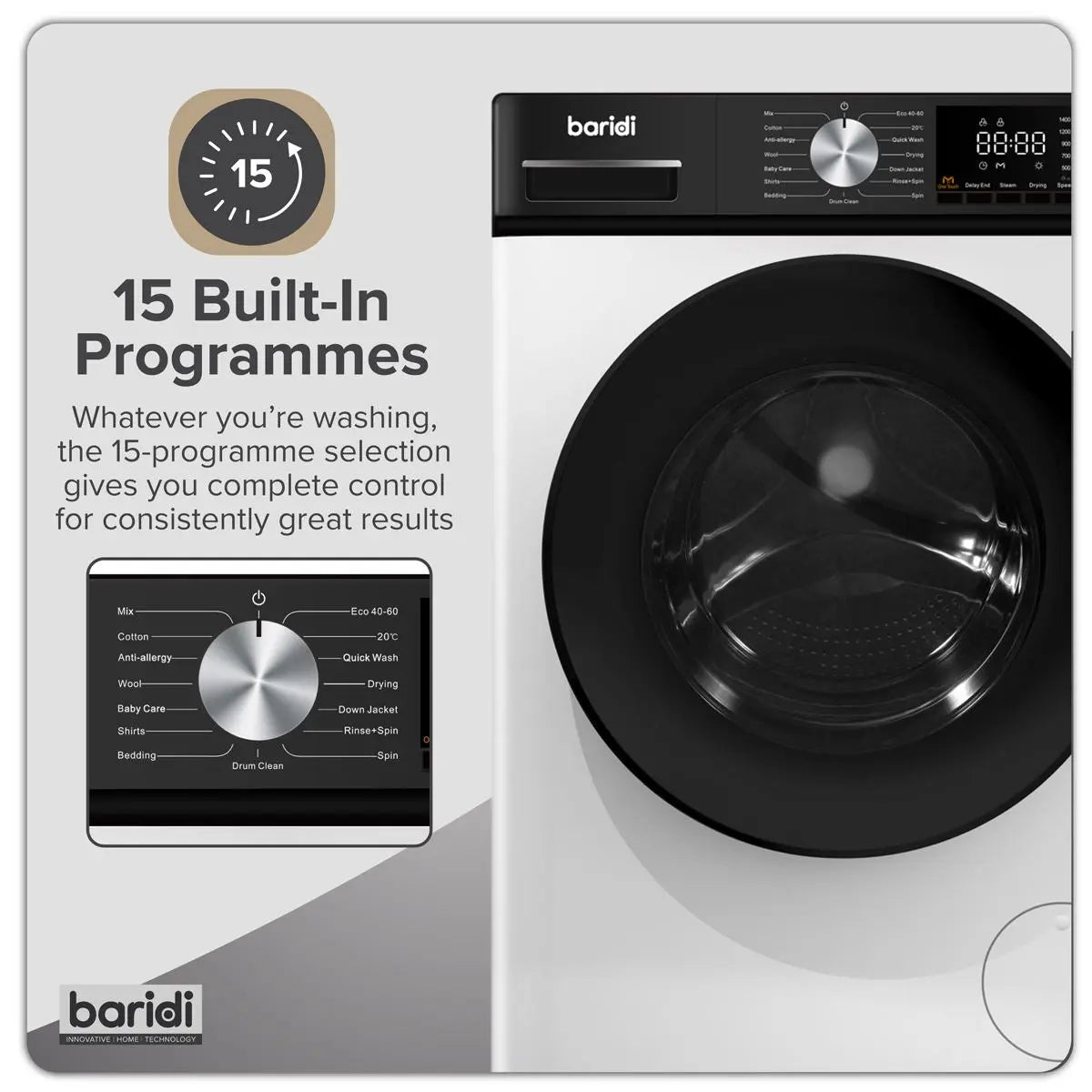 Baridi 8/5kg Washer Dryer, Front Loading, 1400rpm Energy Rating A – White  White Rose Tools