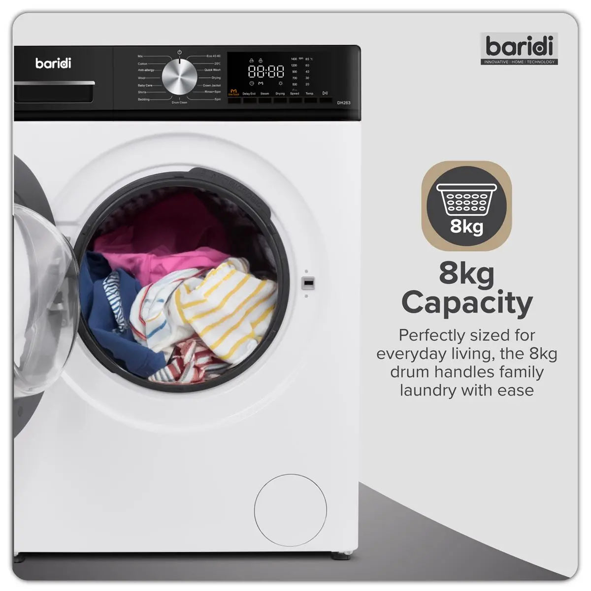Baridi 8/5kg Washer Dryer, Front Loading, 1400rpm Energy Rating A – White  White Rose Tools