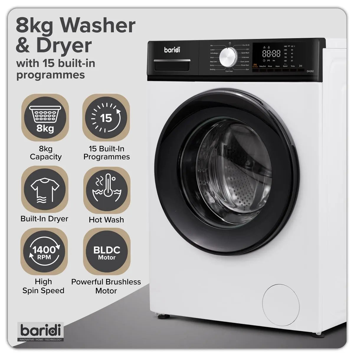 Baridi 8/5kg Washer Dryer, Front Loading, 1400rpm Energy Rating A – White  White Rose Tools